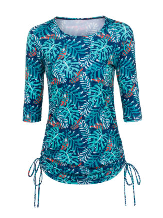 Modest swimsuit, tropical texture and dark blue tights