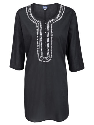 Beach Cover-Up Tunic – Black with White Embroidery