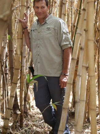 Khaki-colored long-sleeve hiking shirt