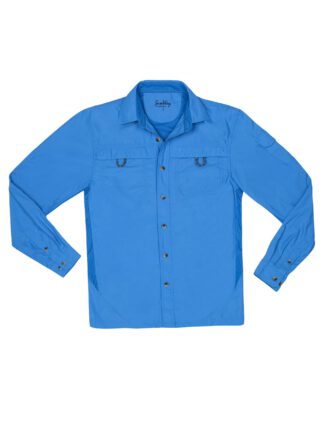 A long-sleeve hiking shirt blocks radiation in light blue