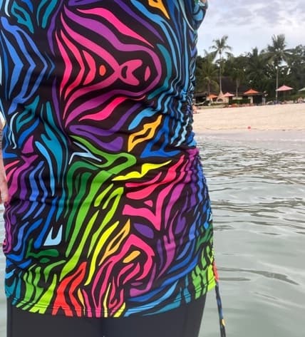 Modest swimsuit, colorful texture and black tights, SunWay